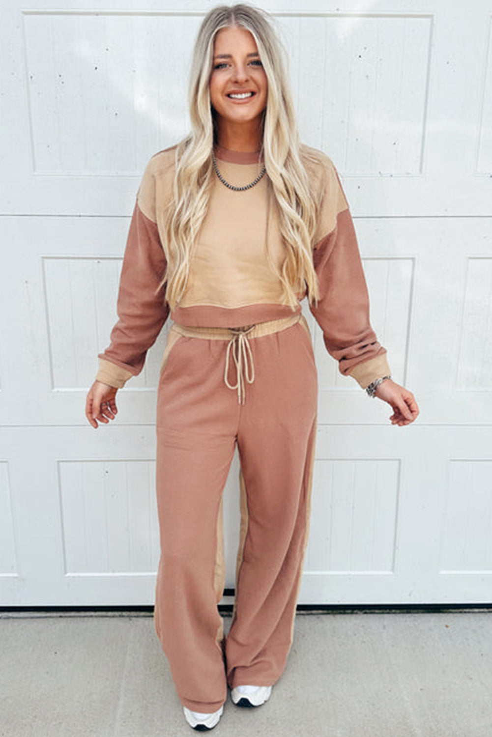 Premium Khaki Color Block Long Sleeve Crop Top Drawstring Pants Set Dear-Lover Dropshipping